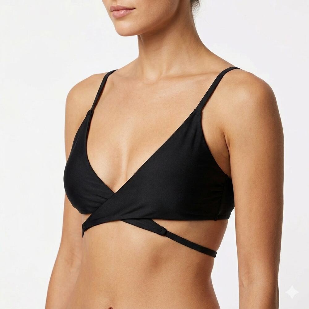Vanilla Beach Black Wrap Front Bikini Top Strappy V-Neck Plunge Tie Back Size S